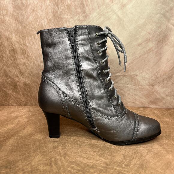AJ Valenci Victorian Style Lace Up Heeled Boots Gray Leather Steampunk Gothic - Picture 10 of 13